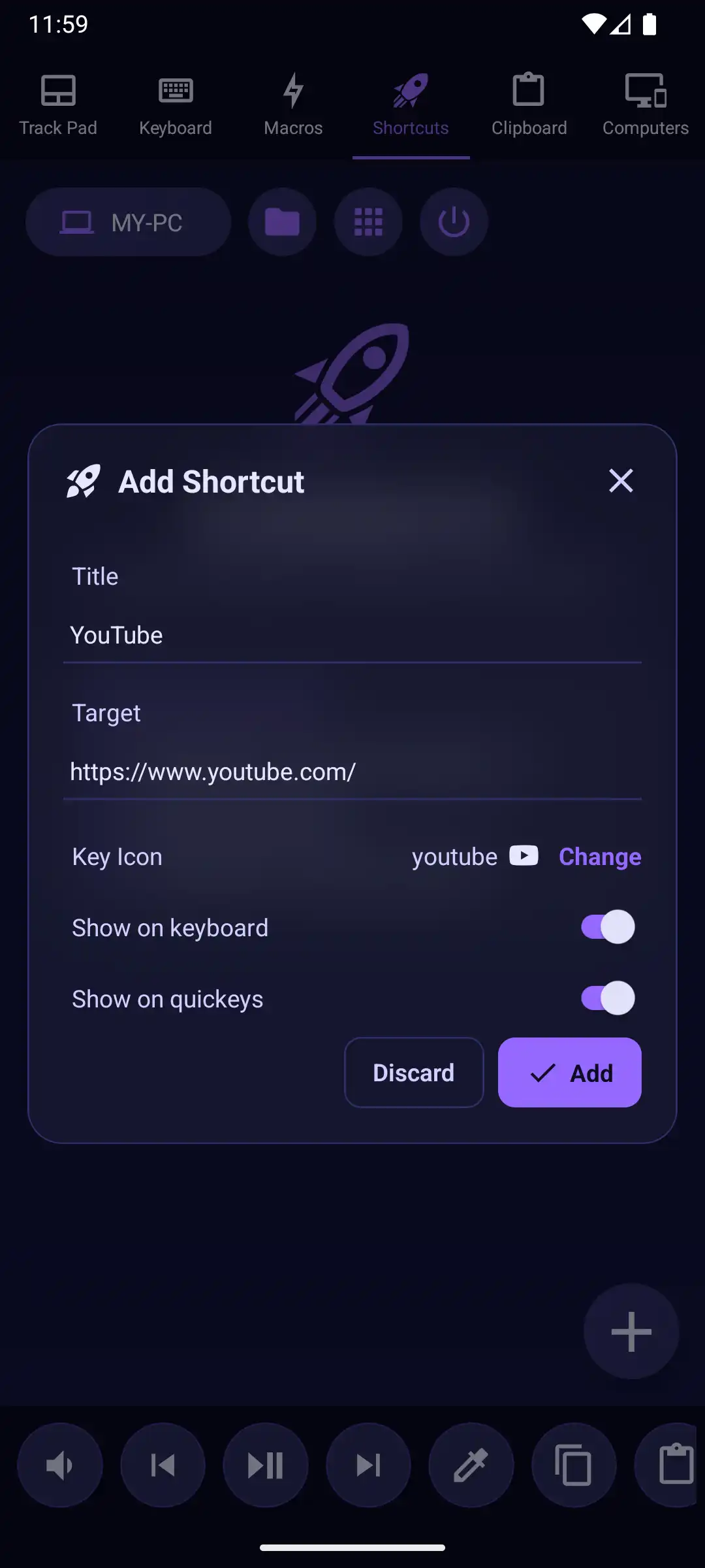 Mobmote add shortcut modal on phone