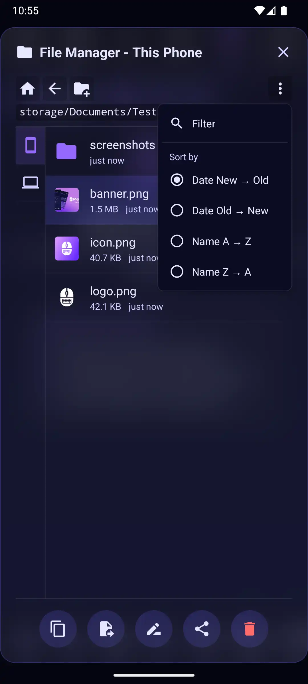 Mobmote file manager filter & sorting options
