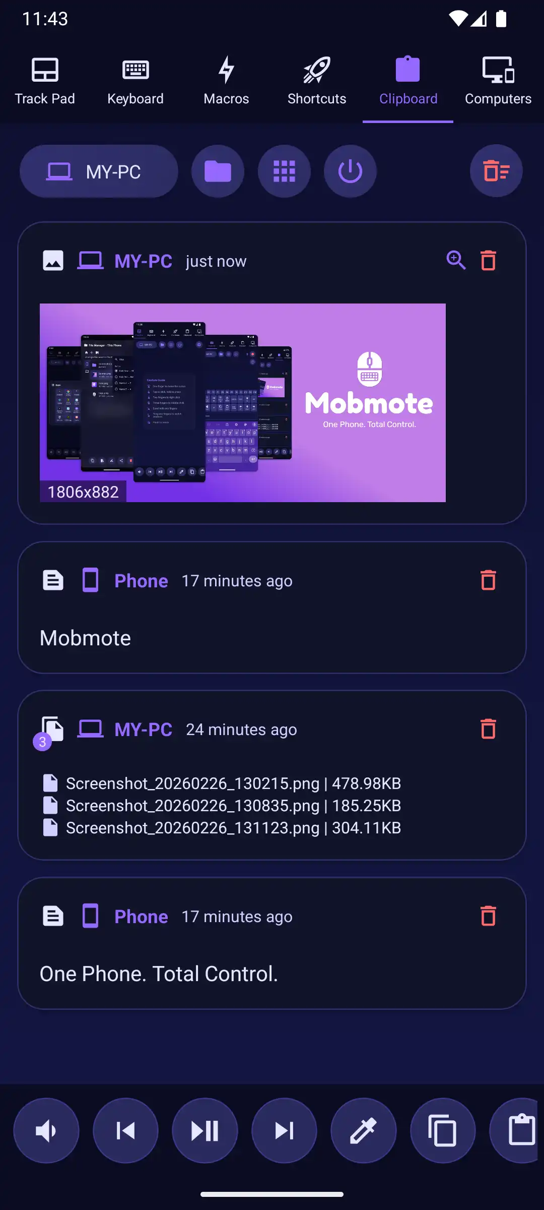 Mobmote clipboard sync showing text, image & files content