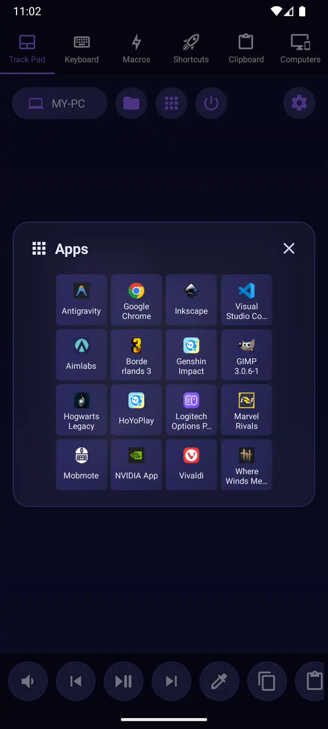 Mobmote PC apps shortcuts