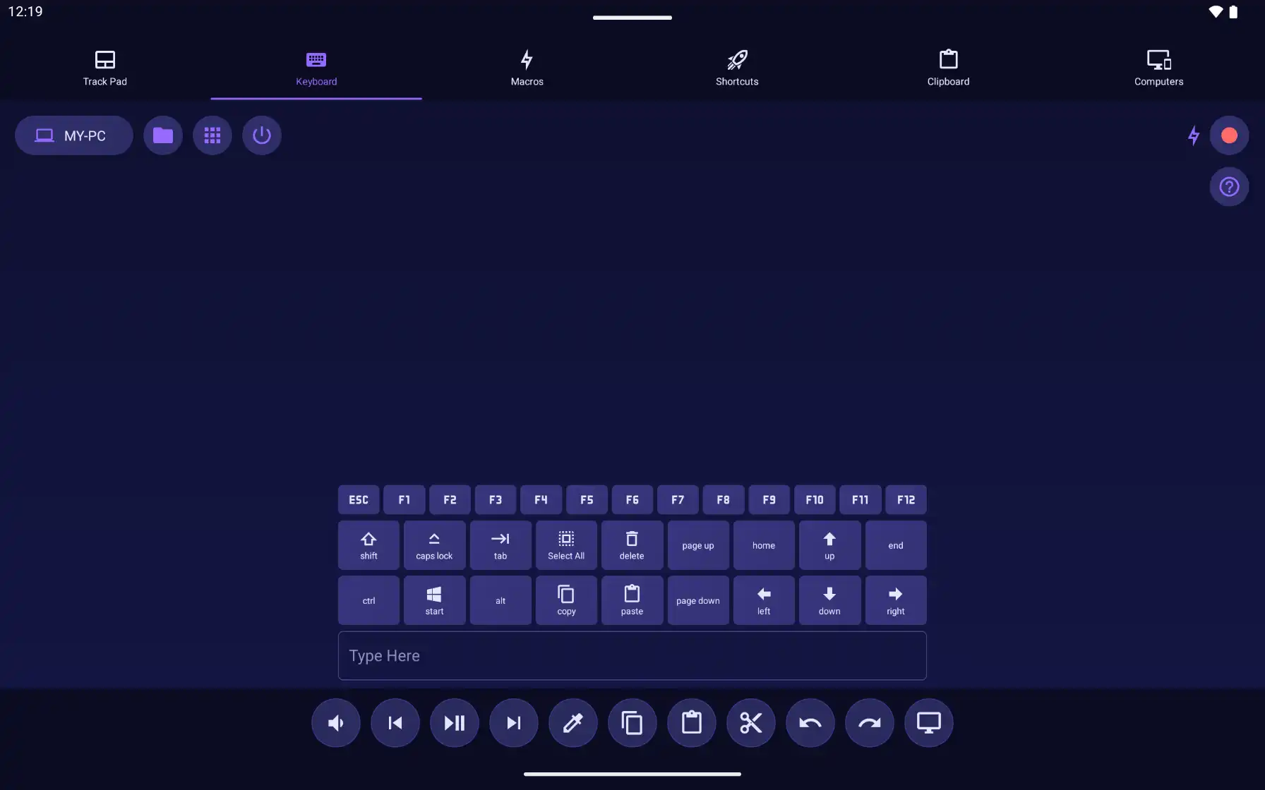 Mobmote tablet app showing keyboard control