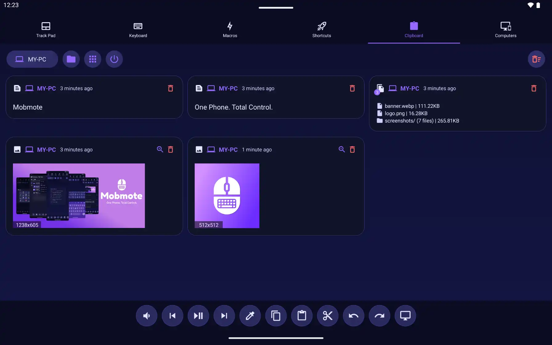 Mobmote tablet clipboard sync showing text, image & files content