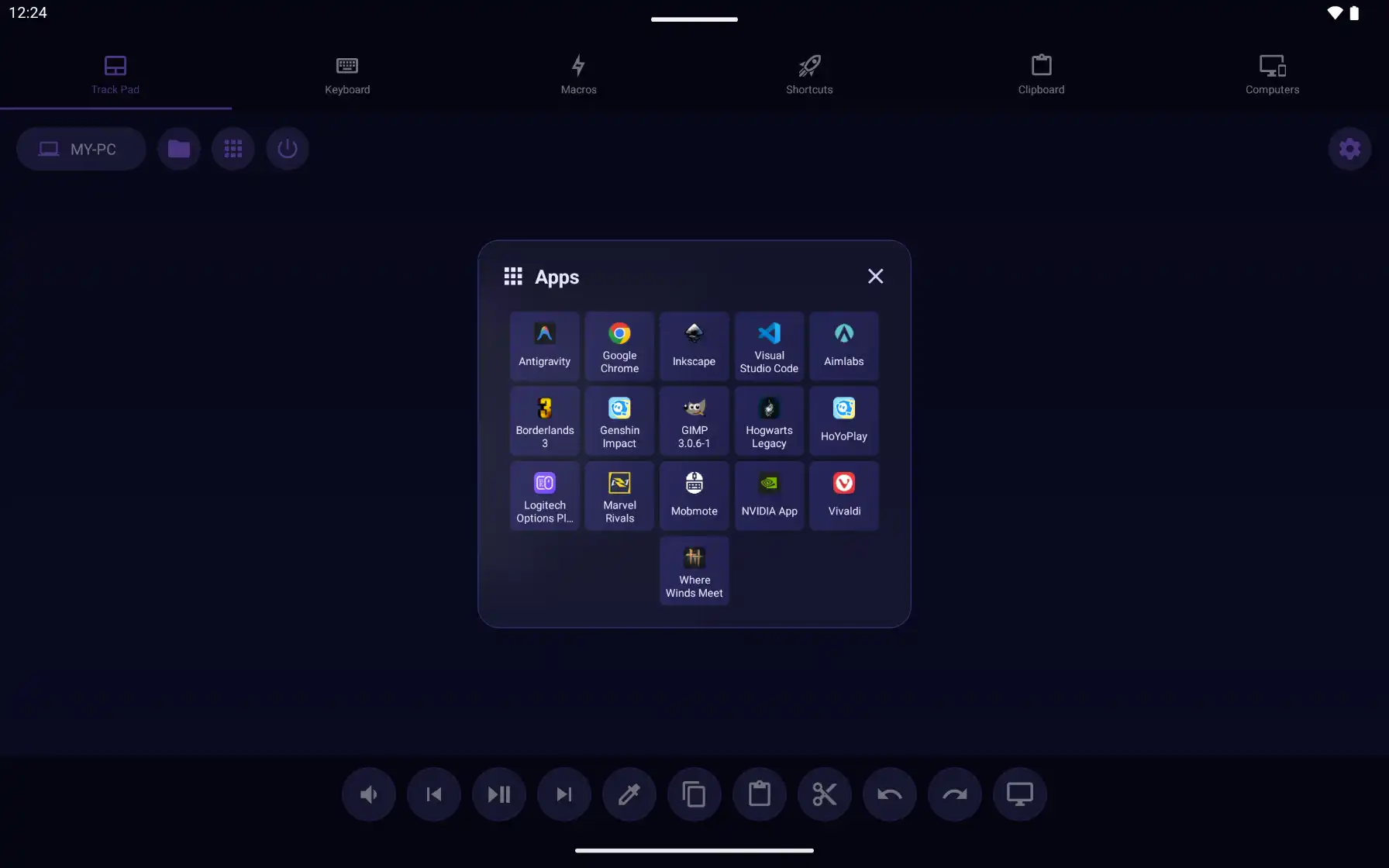 Mobmote tablet PC apps shortcuts view